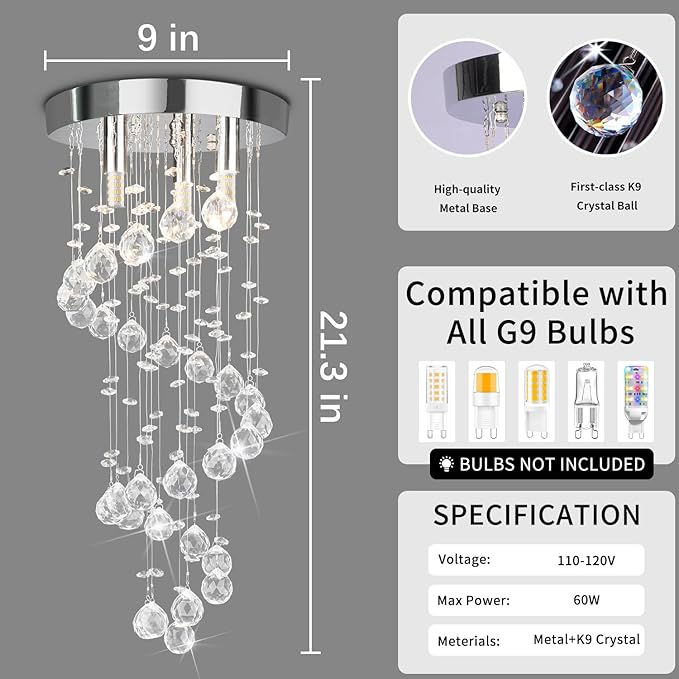 3-Lights Spairal Crystal Chandelier,Modern Raindrop Light Fixture Pendant Ceiling Mount Lamp Lighting Fixtures for LivingRoom, Bedroom, Bathroom D9“ X H21.3”