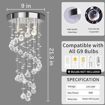 3-Lights Spairal Crystal Chandelier,Modern Raindrop Light Fixture Pendant Ceiling Mount Lamp Lighting Fixtures for LivingRoom, Bedroom, Bathroom D9“ X H21.3”