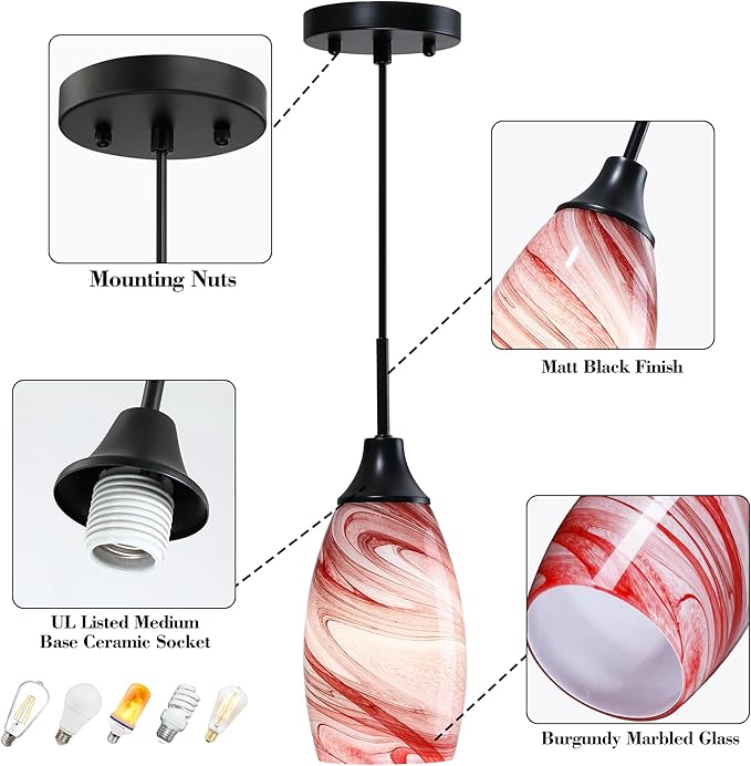 Viinew Mini Glass Pendant Light 4.72" with Handblown Burgundy Marble Art Glass Hanging Light 1-Pack Oval Ceiling Hanging Light Fixture for Dining Room Kitchen Island Cafe Foyer Hallway