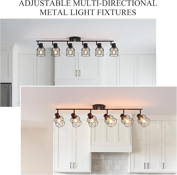 6 Lights Adjustable Multi-Directional Black Light Fixtures, Semi Flush Mount Ceiling Light, Kitchen Light Fixtures, Track Lighting Fixtures Metal Cage Industrial Spotlight Fixtures for Dining Room