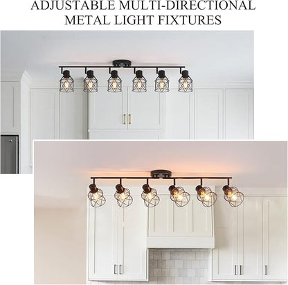 6 Lights Adjustable Multi-Directional Black Light Fixtures, Semi Flush Mount Ceiling Light, Kitchen Light Fixtures, Track Lighting Fixtures Metal Cage Industrial Spotlight Fixtures for Dining Room