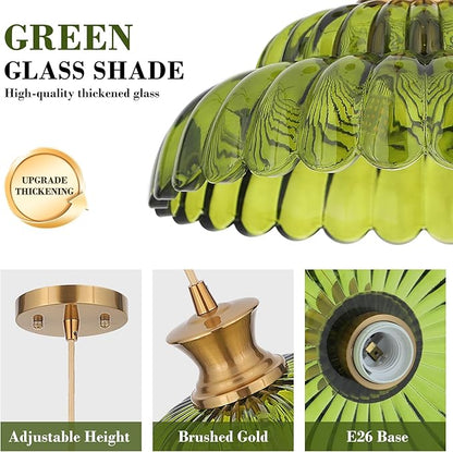 2Pack Glass Pendant Lights, 11.8" Vintage Lighting Green Glass Light Fixtures Brushed Gold Modern Green Chandelier Hanging Ceiling for Kitchen Island Dining Room Restaurant Foyer Entryway
