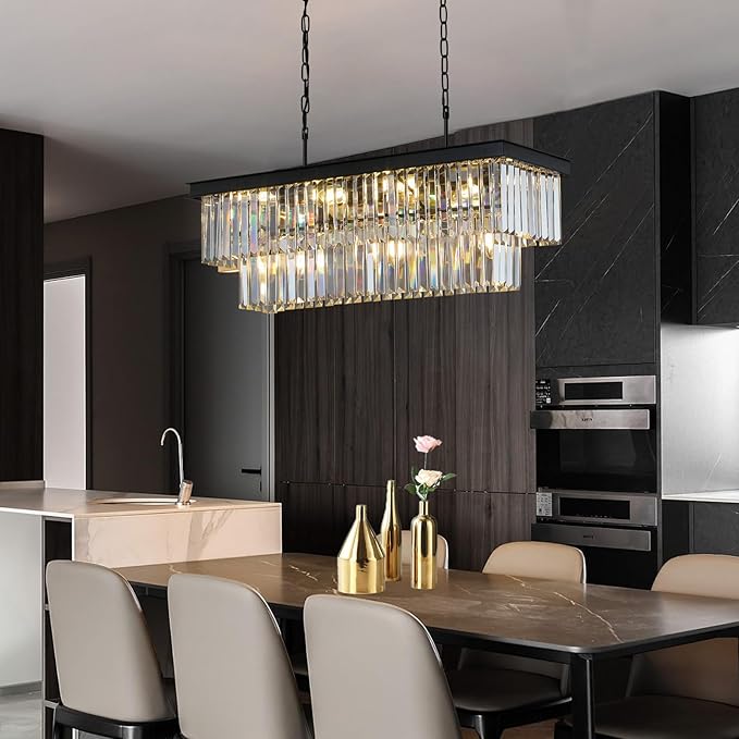Weesalife Crystal Chandeliers for Dining Room 11-Light Black Modern Chandelier Rectangle Contemporary Pendant Light Fixture for Kitchen Island Bar L33.5 Inch
