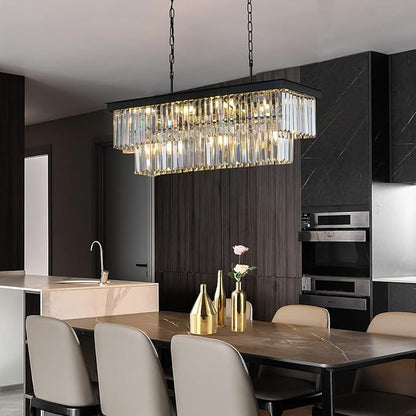 Weesalife Crystal Chandeliers for Dining Room 11-Light Black Modern Chandelier Rectangle Contemporary Pendant Light Fixture for Kitchen Island Bar L33.5 Inch
