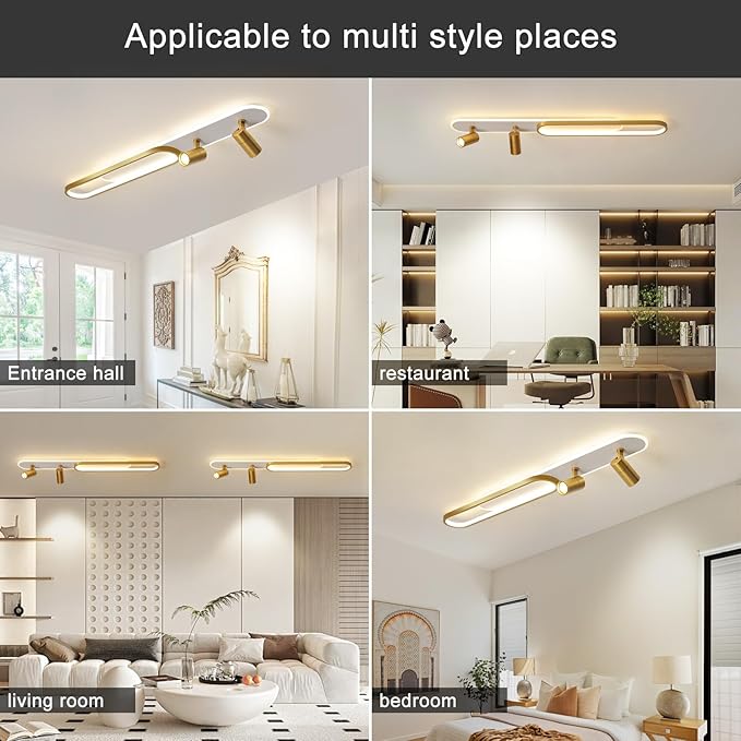 Modern LED Ceiling Light with 2 Spotlights 39.3in Linear Ceiling Light 50w with Remote Control Dimmable(3000-6000k) Gold Long Ceiling lamp for Bedroom Kitchen Restaurant Laundry Room Office