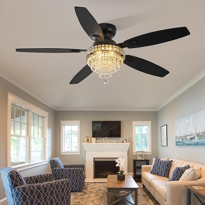 Crystal Ceiling Fan Fandelier with Lights-Ceiling Fans with Lights,54" Low Profile and Remote Control, Flush Mount, Reversible, Dimmable, Noiseless, Black Ceiling Fan for Bedroom
