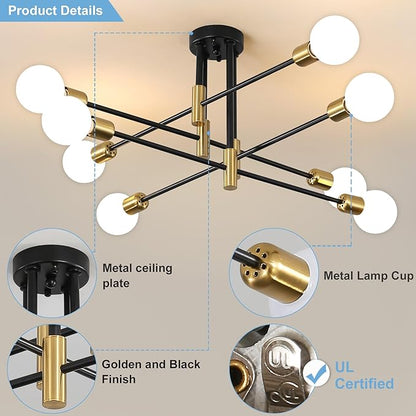 Sputnik Chandelier Mid Century Modern Nordic Pendant Lighting 8 Lights Ceiling Light Fixture Black Light for Living Room, Kitchen, Bedroom, Dining Room