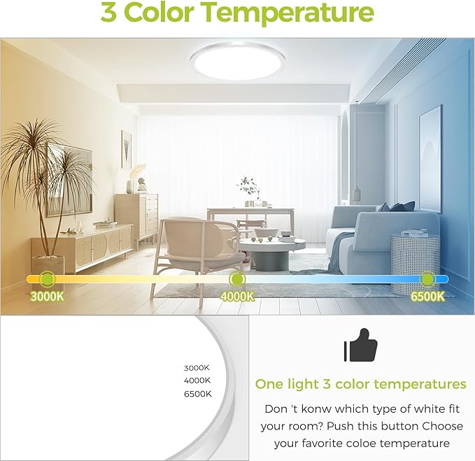 hepside 20Inch Big Dimmable Flush Mount LED Ceiling Light Fixture, 3000K-4500K-6000K 3 Color Selectable Ceiling Lamp 45Watt 4500LM Low Profile Ceiling Light for Kitchen Bedroom Hallway Porch