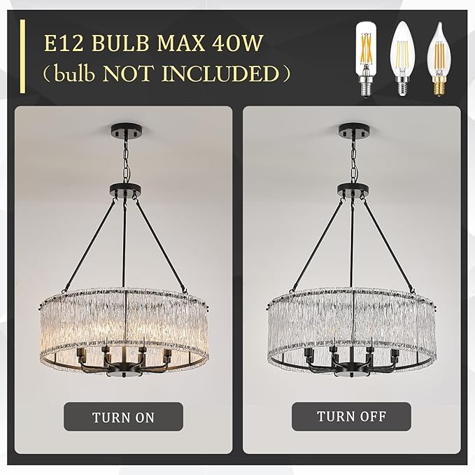 CATINER Modern Drum Chandelier 24.4" Black Crystal Glass Chandeliers 8-Light Luxury Ceiling Pendant Lighting Fixture for Dining Room Foyer Living Room Bedroom