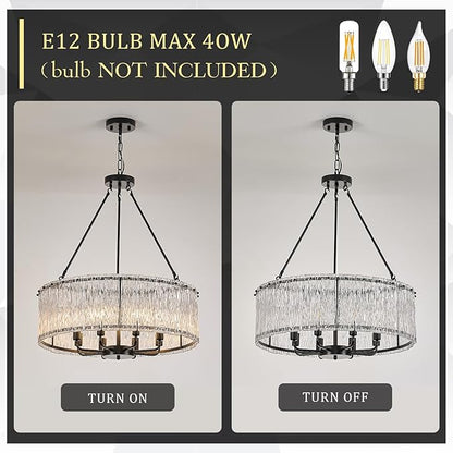 CATINER Modern Drum Chandelier 24.4" Black Crystal Glass Chandeliers 8-Light Luxury Ceiling Pendant Lighting Fixture for Dining Room Foyer Living Room Bedroom