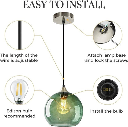 Gray Green Glass Pendant Light, 3-Pack Modern Ceiling Light Fixture with 3 Bulbs, 4.92ft Adjustable Cord, Lighting for Kitchen Island, Dining Room, Living Room, Entryway (7.1Inch)