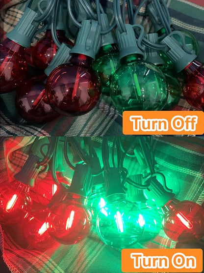 SUNSGNE 50FT Vintage Christmas Lights Outdoor, G40 LED Globe Outdoor Christmas Lights with 27 LED Clear Red Green Bulbs(2 Spare) for Patio Balcony Roofline Decor, Green Wire