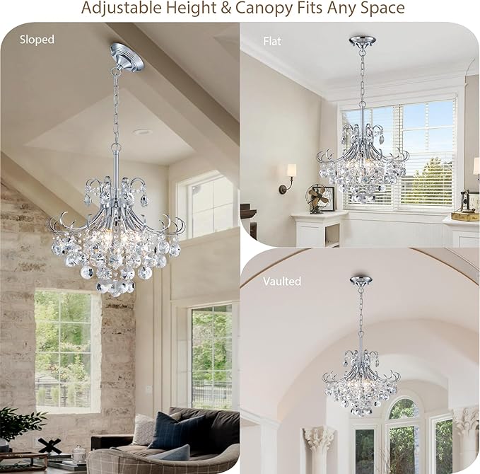 18" Modern Crystal Chandelier, 4-Light Pendant Ceiling Lamp for Dining Living Room Bedroom Kitchen, Chrome Hanging Light Fixture