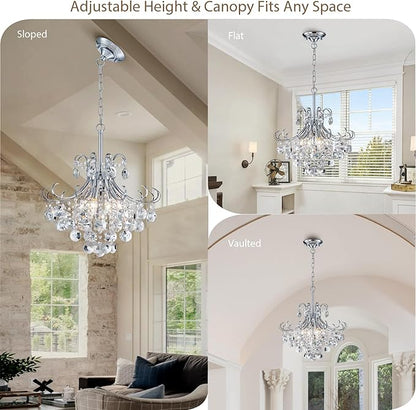 18" Modern Crystal Chandelier, 4-Light Pendant Ceiling Lamp for Dining Living Room Bedroom Kitchen, Chrome Hanging Light Fixture