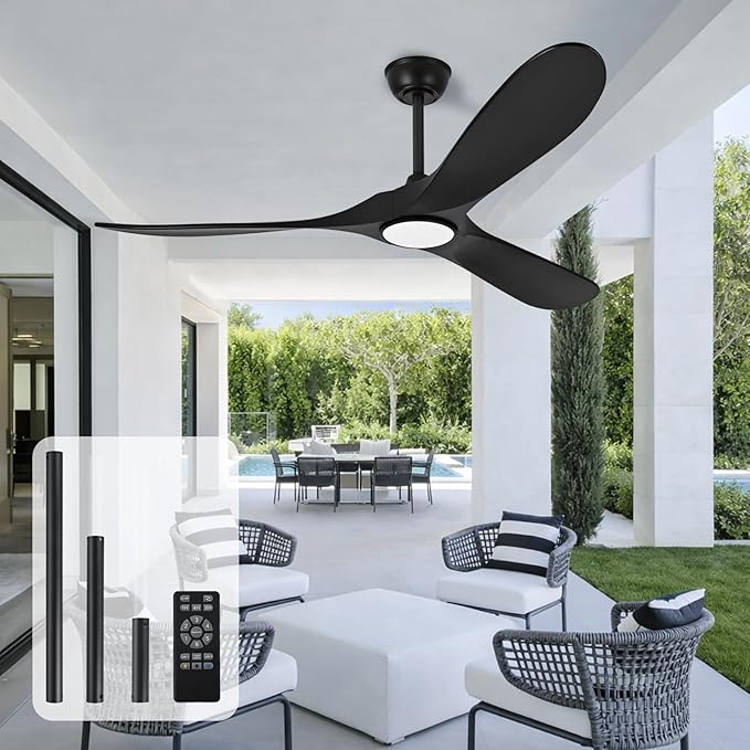 heimo 52 Inch Black Ceiling Fan with Light and Remote, Wood Outdoor Ceiling Fans with Lights Dimmable for Bedroom Living Room Patios Kitchen Modern 3 Blade Propeller Indoor Fan