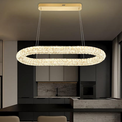 Crystal Ring Chandelierfor Living Room, 40'' Gold Ring Pendant Light for Kitchen Island Modern Dimmable Linear Oval Chandeliers for Dining Room