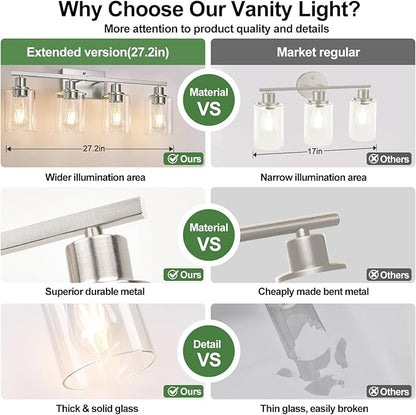 MOKATNG 4-Light Bathroom Light Fixtures, Vanity Light with Clear Glass Shades, Brushed Nickel Bathroom Light Fixtures Over Mirror, Modern Bathroom Wall Lamp for Mirror Living Room Cabinet Bedroom