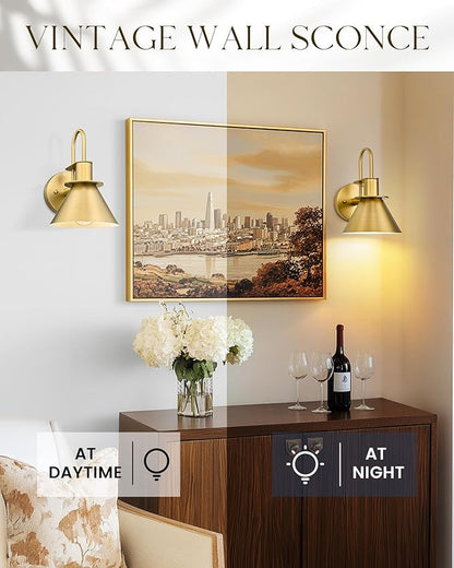 Wall Sconces Set of 2, HWH 1-Light Gold Bathroom Light Fixtures, Modern Barn Wall Lamp with Metal Shade, Indoor Wall Sconce Lighting for Bedroom Kitchen, Gold Finish, 5HZG56B-2 BG