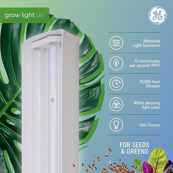 GE LED Grow Light for Indoor Plants, Integrated LED Light Fixture for Seeds and Greens, Balanced Light Spectrum, 25,000 Hours Lifespan, 72 PPF, 24 Inches, 1 Pack (Packaging May Vary)