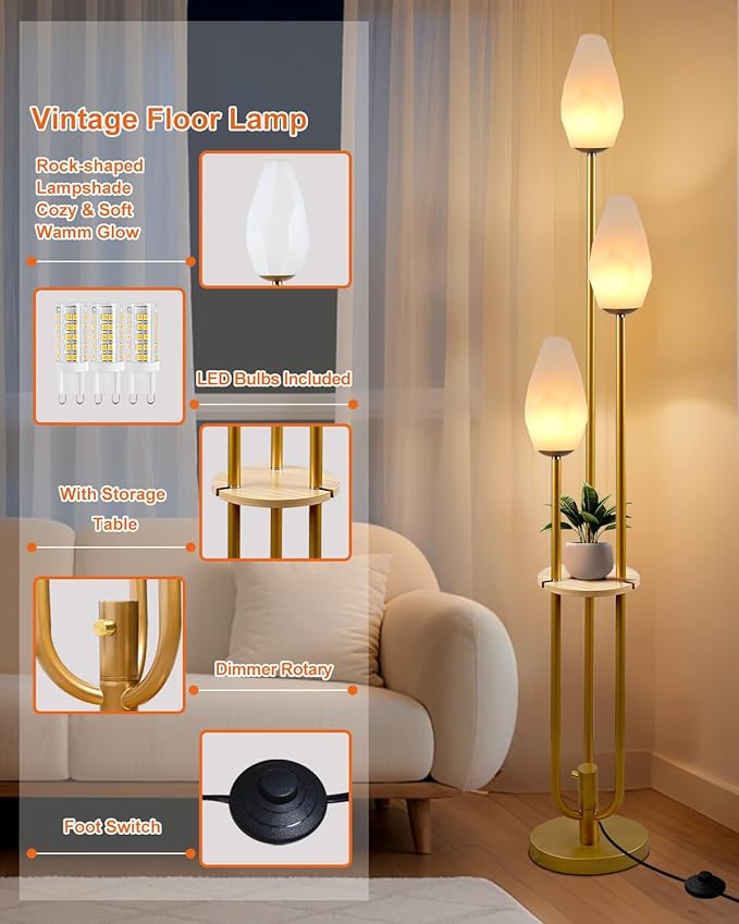 Gold Floor Lamp with Tray, 3-Lights Dimmable Floor Lamps with Rock-Shaped Shade, Unique Candle Holder Style Modern Tall Standing Lamp with 5Lbs Heavy Base for Living Room/Party(Bulbs Included)