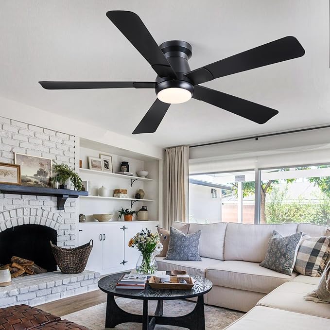 Hounberi 52" Flush Mount Ceiling Fan with Lights and Remote, Modern Black Low Profile Ceiling Fan, Quiet Reversible DC Motor, 3CCT Dimmable LED, Ideal for Bedroom, Living Room and Low Ceilings, Black