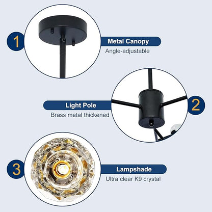 Depuley Modern Black Sputnik Chandelier: 9-Light Crystal Glass Chandelier for Dining Room - Kitchen Table Light Fixture Mid Century Hanging Lamp Height Adjustable for Foyer (Included G9 Bulbs)