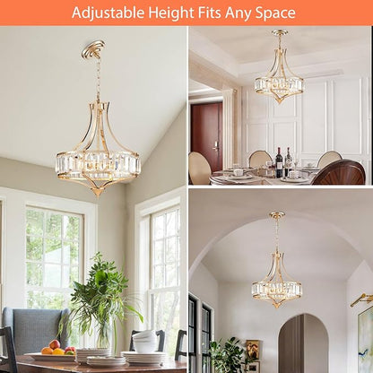 Crystal Chandeliers for Dining Room Modern Farmhouse 4-Light Rustic Mid Century Chandelier with Round Metal Lampshade, Perfect for Hallway Bedroom Foyer, Brush French Glod