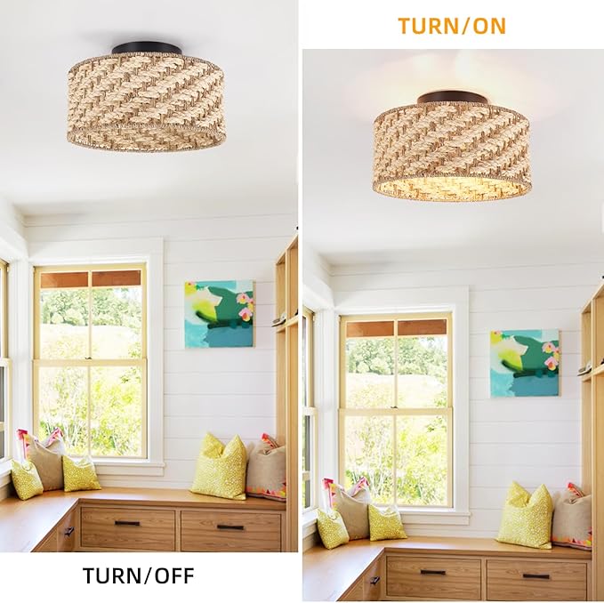 12.6-inch semi-Flush Mount Ceiling Light Fixture - 3-Light Pure Hand-Woven lamp for Dining Room