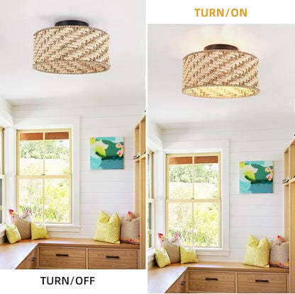 12.6-inch semi-Flush Mount Ceiling Light Fixture - 3-Light Pure Hand-Woven lamp for Dining Room