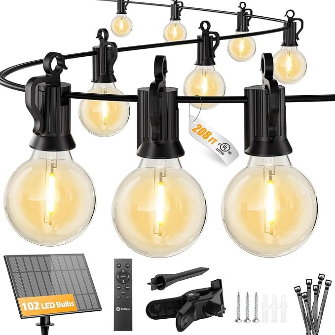 Brightown 208FT 102LED Solar String Lights Outdoor with Remote & USB Port, Shatterproof Bulbs, Dimmable & Timable, 3 Modes, Patio Lights with Mount Clips for Camping Backyard Garden Decor