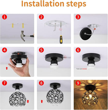 TISLYCO Modern Chandelier Crystal Ceiling Hallway Light, Mini Semi Flush Mount Ceiling Light Fixture Mini Chandelier, Antique Black Metal Crystal Chandelier Lamp Entryway Bedroom Bathroom Kitchen