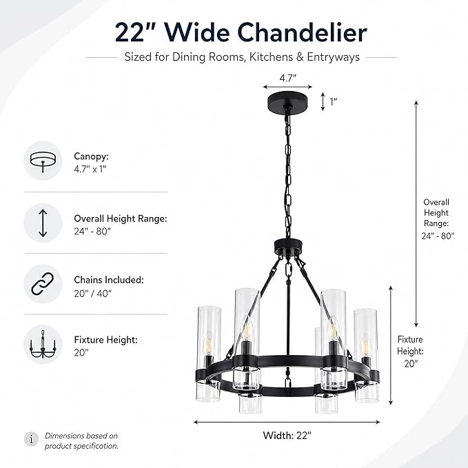 22 Inch Black Wagon Wheel Chandelier with Glass Shade, 6 Lights, Modern Farmhouse Style, Ideal for Dining Room, Kitchen, Entryways