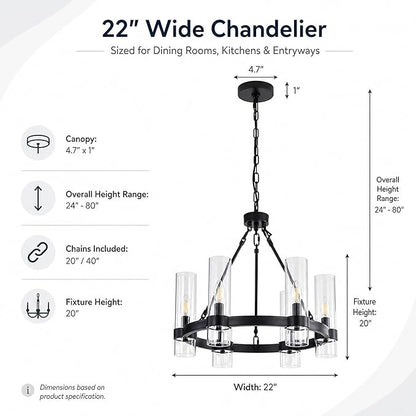 22 Inch Black Wagon Wheel Chandelier with Glass Shade, 6 Lights, Modern Farmhouse Style, Ideal for Dining Room, Kitchen, Entryways