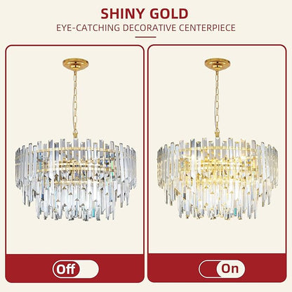 24" Modern Crystal Chandelier, 3-Tier Gold Pendant Light with 8 Lights, Luxury K9 Crystal Ceiling Fixture for Dining Room Living Room Foyer