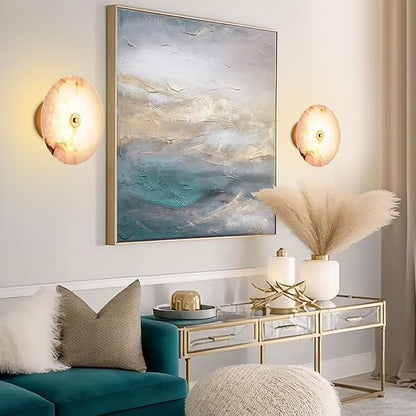 Round Alabaster Wall Sconce Natural White Marble Sconces Set of Two, 3 CCT Adjustable Wall Lamp Decor Home, 8W Hardwired Circular Wall Lights for Bedroom, Stairs, Living Room, Bedside, Hallway (Gold)