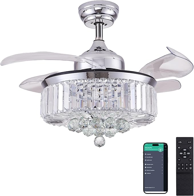 DuMaiWay 36" Dimmable Fandelier Crystal Ceiling Fan with Lights and Remote Modern Invisible Retractable Blades Chandelier Ceiling Fan Light Kit for Bedroom Living Room -Polished Chrome