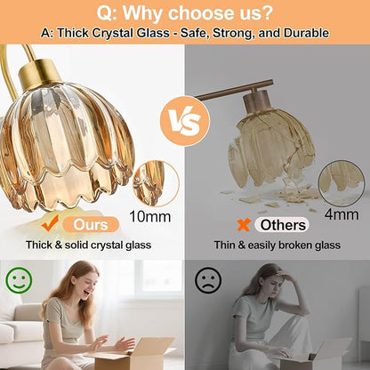 2-Pack Brushed Gold Bathroom Vanity Light, Single-Head Wall Sconce with Ribbed Amber Tulip Glass Shade, Vintage Bathroom Light Fixtures for Bedroom, Hallway & Bedside (Bulbs Not Included)