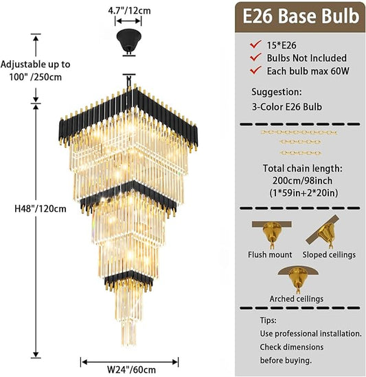 W24 x H80 Large Black Gold Chandeliers for High Ceiling, 15-Light Square Tiered K9 Crystal Raindrop Chandelier, Adjustable Height Luxury Pendant Light for Staircase, Villa Foyer, Entryway