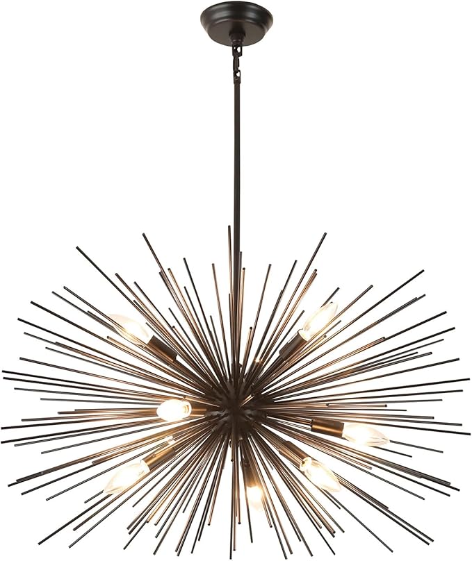 29" Vintage Black Sputnik Chandelier 9-Lights Large Starburst Chandelier with Adjust Rod Rustic Solid Metal Sputnik Satellite Chandeliers for Dining Room, Kitchen, Living Room, Foyer, E12
