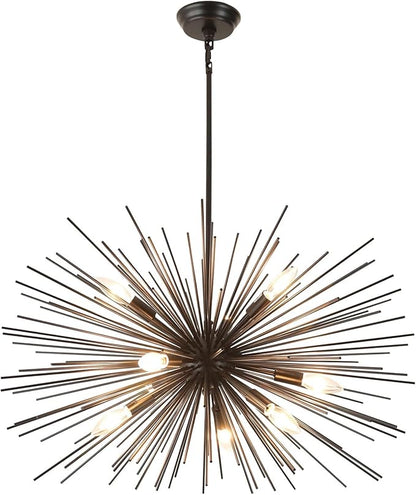 29" Vintage Black Sputnik Chandelier 9-Lights Large Starburst Chandelier with Adjust Rod Rustic Solid Metal Sputnik Satellite Chandeliers for Dining Room, Kitchen, Living Room, Foyer, E12