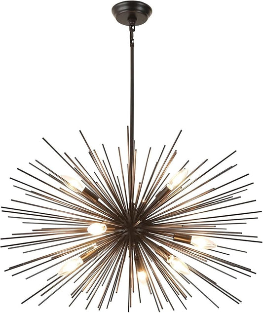 29" Vintage Black Sputnik Chandelier 9-Lights Large Starburst Chandelier with Adjust Rod Rustic Solid Metal Sputnik Satellite Chandeliers for Dining Room, Kitchen, Living Room, Foyer, E12