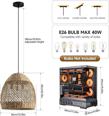 13.8" Farmhouse Woven Chandelier Rattan Wicker Lighting for Dining Room Boho Light Fixture Hanging 3-Lights Brown Pendant Light Kitchen Island for Restaurant Bedroom Breakfast Entryway Bar