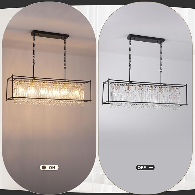 Modern Black Crystal Chandeliers For Dining Room, 42" Large Rectangle Water Ripple Glass Pendant Elegant Linear Lighting for Kitchen Island Dining Room LivingRoom Flat Inclined Ceiling,L42 x W11 x H19
