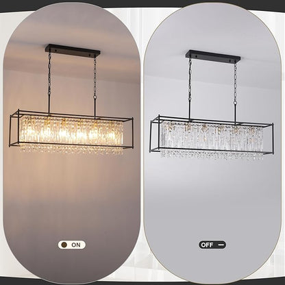 Modern Black Crystal Chandeliers For Dining Room, 42" Large Rectangle Water Ripple Glass Pendant Elegant Linear Lighting for Kitchen Island Dining Room LivingRoom Flat Inclined Ceiling,L42 x W11 x H19