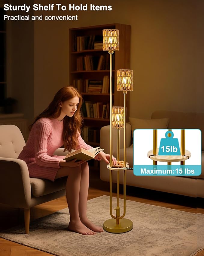 63IN Dimmable Floor Lamp with Shelf, Gold Rattan Tall Standing Lamps Candle Holder Style, 3000K Warmwhite Mid Century Modern Floor Lamp with 5Lbs Heavy Base for Living Room (Bulbs Included)