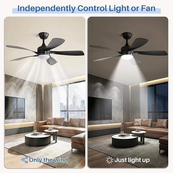 Sofucor 52" Smart Ceiling Fan, Indoor/Outdoor Black Ceiling Fans with Lights and Remote, Works with Alexa/Google/App, 3-Color Light 6-Speed Timing Reversible DC Motor for Bedroom Living Room Patio