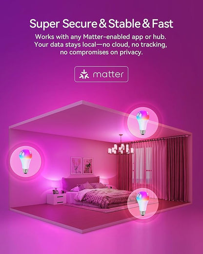 Matter Smart Light Bulbs, Color Changing Light Bulb, hub Required, A19 60W,2.4Ghz WiFi only,Compatible with Alexa Google Assistant, Apple Home,16 Million Colors RGBCW 800 Lumen,1 Pack