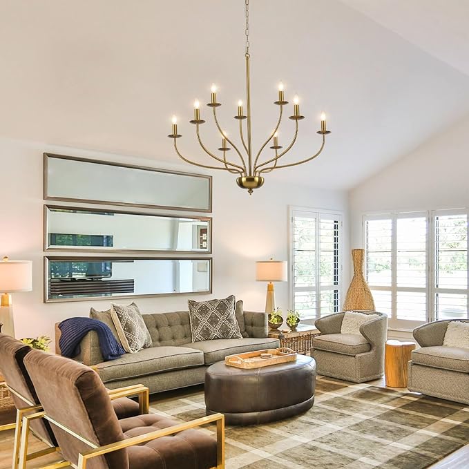 Gold Chandelier Light Fixture 9 Light Brass Chandelier for Dining Room, 30” Large Chandeliers for High Ceilings, Industrial Candle Farmhouse Chandelier for Living Room Kitchen Bedroom Entryway