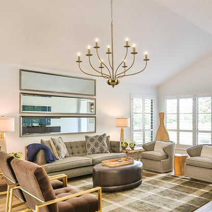 Gold Chandelier Light Fixture 9 Light Brass Chandelier for Dining Room, 30” Large Chandeliers for High Ceilings, Industrial Candle Farmhouse Chandelier for Living Room Kitchen Bedroom Entryway