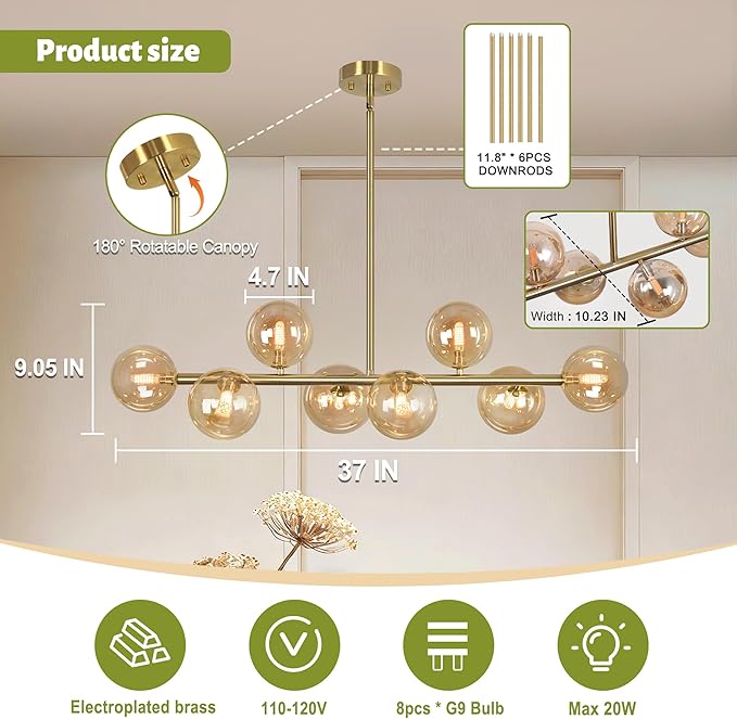 Gold Linear Chandeliers for Dining Room, 8-Light Amber Glass Globe Chandelier Modern Sputnik Chandelier Mid Century Dining Room Light Fixture Pendant Kitchen Island Lighting, Electroplated Brass, 37"